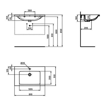 IDEAL STANDARD I.LIFE B umývadlo 81 cm, s otvorom pre batériu a prepadom T460401 Technický nákres
