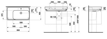 LAUFEN MEDA umývadlo 80 cm, s otvorom pre batériu a prepadom H8171150001041 Technický nákres