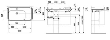 LAUFEN MEDA umývadlo 80 cm, s otvorom pre batériu a prepadom H8171160001041 Technický nákres