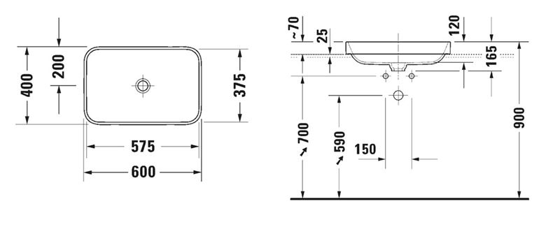 DURAVIT HAPPY D.2 umývadlo 60x40 cm, bez prepadu 2359600000 Technický nákres