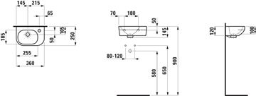 LAUFEN LUA umývadielko 50 cm, s otvorom pre batériu vpravo, s prepadom, LCC H8150800001061 Technický nákres