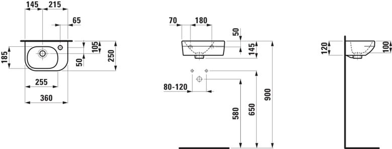 LAUFEN LUA umývadielko 50 cm, s otvorom pre batériu vpravo, s prepadom, LCC H8150800001061 Technický nákres