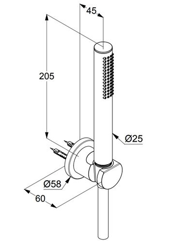 KLUDI NOVA FONTE PURISTIC 1S sprchová súprava 3-dielna, ručná sprcha 205 mm, hadica, držiak, chróm  2085005-15 Technický nákres