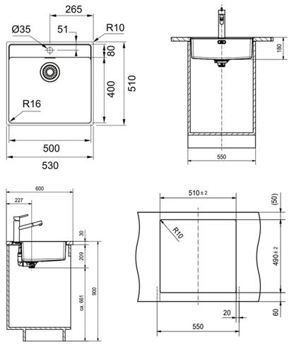FRANKE MRX 210/610-50 TL nerezový drez 530x510 mm, otvor pre batériu 127.0539.574 Technický nákres