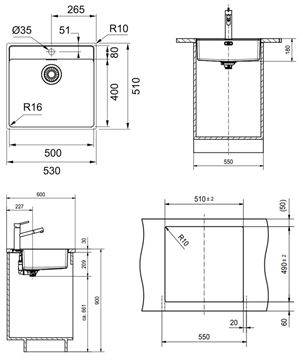 FRANKE MRX 210/610-50 TL nerezový drez 530x510 mm, otvor pre batériu 127.0539.574 Technický nákres
