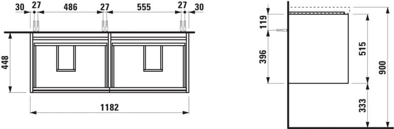 LAUFEN LANI skrinka pod umývadlo, 118,2x44,8x51,5 cm, 2 zásuvky, matná biela H4035741122601 Technický nákres