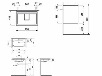 LAUFEN LANI skrinka s umývadlom 65x46x51,5 cm, 2 zásuvky, matná biela H6020802601042 Technický nákres