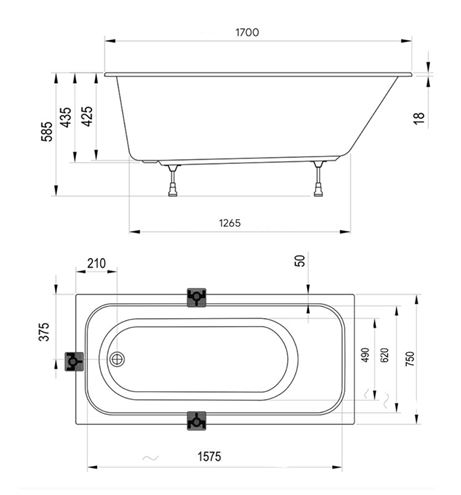 RAVAK CHROME SLIM vaňa 170x75 cm, bez nožičiek, akrylát C741300000 Technický nákres