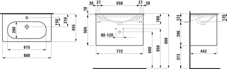 LAUFEN LANI skrinka pod umývadlo 80x45, 5x52, 5 cm, 2 zásuvky, divoký dub H8600872671041 Technický nákres
