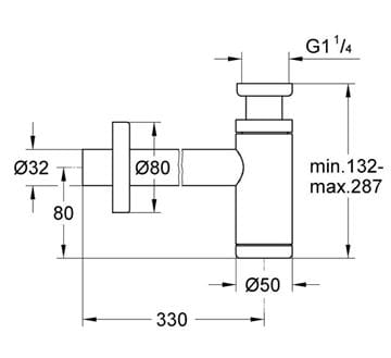 GROHE dizajnový sifón k umývadlu DN32, s prevlečnou maticou 5/4, hard graphite 28912A00 Technický nákres