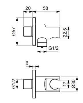 IDEAL STANDARD IDEALRAIN držiak s pripojením na vodu, matná čierna  BC807XG Technický nákres