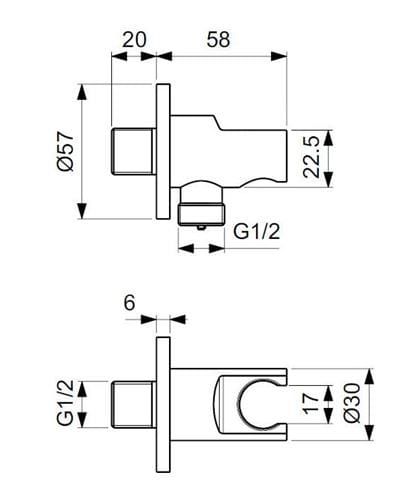 IDEAL STANDARD IDEALRAIN držiak s pripojením na vodu, matná čierna  BC807XG Technický nákres