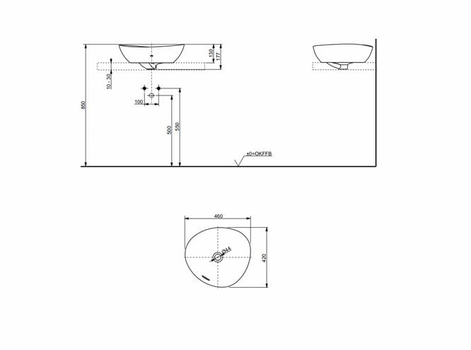 TOTO TA VESSEL umývadlová misa 46 cm, s prepadom L4704E Technický nákres