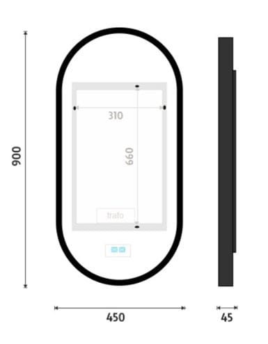 NIMCO ZP 32000 zrkadlo 45x90 cm, s osvetlením, s reguláciou stmievania, s reguláciou teploty svetla, so senzorom ZPC 32003LVX-90 Technický nákres