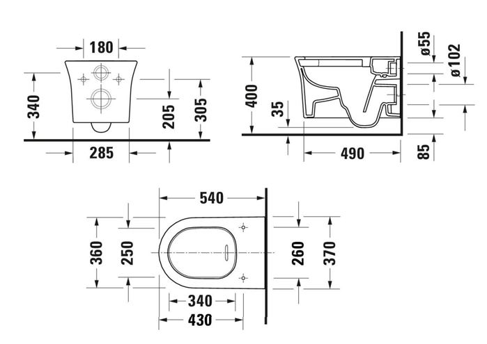 DURAVIT WHITE TULIP závesné WC, Rimless splachovanie, WonderGliss 2576092000 Technický nákres