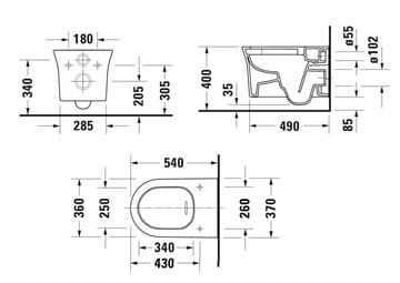 DURAVIT WHITE TULIP závesné WC, Rimless splachovanie, WonderGliss 2576092000 Technický nákres