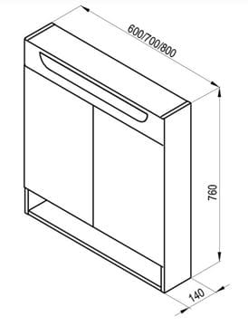 RAVAK CLASSIC II zrkadlová skrinka 80x76x14 cm, osvetlenie, MDF, lesklá biela X000001471 Technický nákres