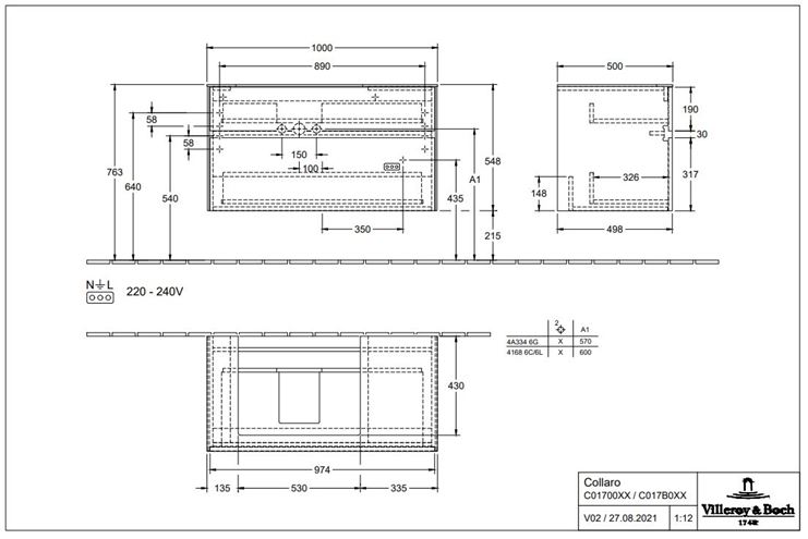 VILLEROY & BOCH COLLARO skrinka pod umývadlo 100x50x54,8 cm, 2 zásuvky, s osvetlením, Nordic Oak C017B0VJ Technický nákres