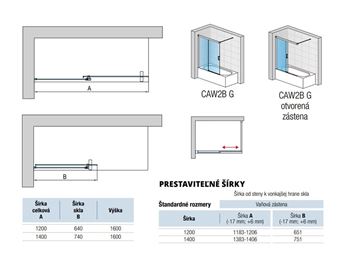 RONAL CADURA CAW2BD vaňová zástena 120x160 cm, pravá, posuvná, aluchróm/číre sklo CAW2BD 120 50 07 Technický nákres