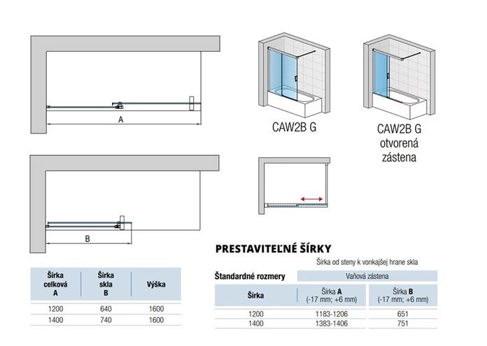 RONAL CADURA CAW2BD vaňová zástena 120x160 cm, pravá, posuvná, aluchróm/číre sklo CAW2BD 120 50 07 Technický nákres
