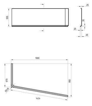 RAVAK 10° 160P čelný panel k vani 160x54,5 cm, pravý  CZ84100A00 Technický nákres