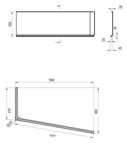 RAVAK 10° 160P čelný panel k vani 160x54,5 cm, pravý  CZ84100A00 Technický nákres