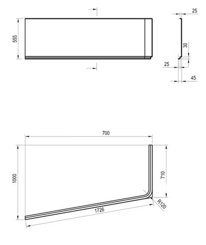 RAVAK 10° 170L čelný panel k vani 170x54,5 cm, ľavý CZ81100A00 Technický nákres