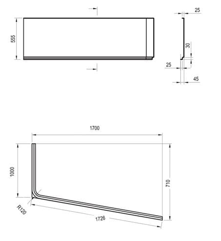 RAVAK 10° 170P čelný panel k vani 170x54,5 cm, pravý CZ82100A00 Technický nákres