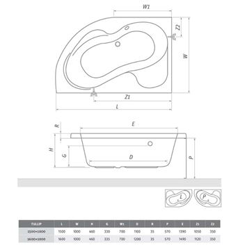ROTH PROJEKT TULLIP 160 P čelný panel k vani 160x57 cm, pravý 5159001 Technický nákres