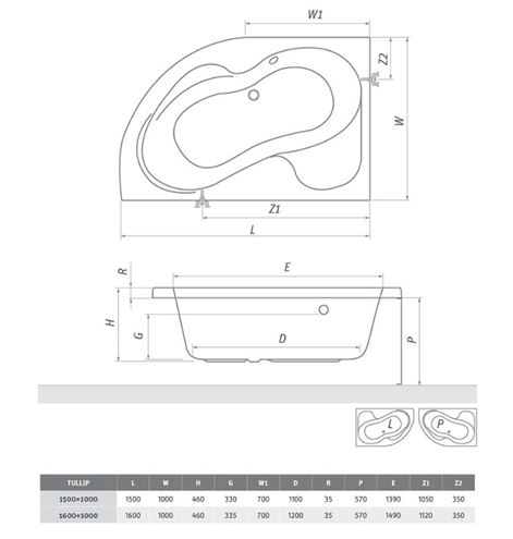 ROTH PROJEKT TULLIP 160 P čelný panel k vani 160x57 cm, pravý 5159001 Technický nákres
