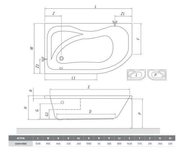 ROTH ACTIVA 150 čelný panel k vani 150x58 cm 8400001 Technický nákres