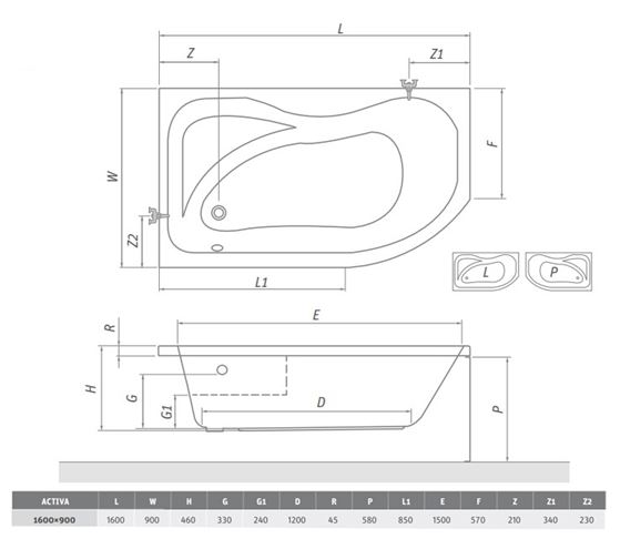 ROTH ACTIVA 160 čelný panel k vani 160x58 cm 8420001 Technický nákres