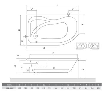 ROTH ACTIVA 160 čelný panel k vani 160x58 cm 8420001 Technický nákres