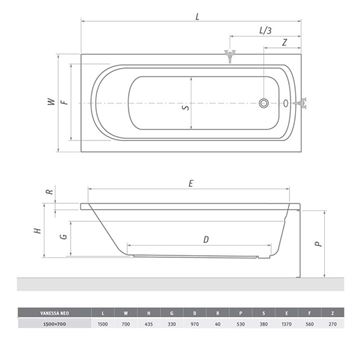 ROTH VANESSA NEO 150 čelný panel k vani 150x53 cm 8930001 Technický nákres
