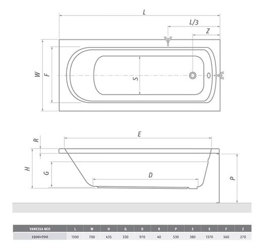 ROTH VANESSA NEO 150 čelný panel k vani 150x53 cm 8930001 Technický nákres