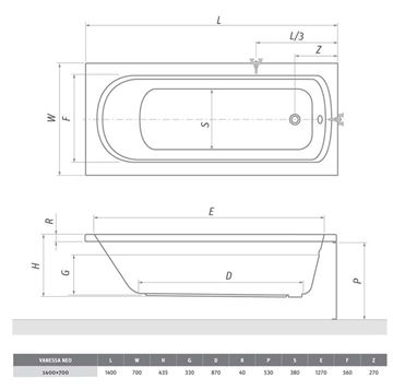 ROTH VANESSA NEO 140 čelný panel k vani 140x53 cm 9550001 Technický nákres