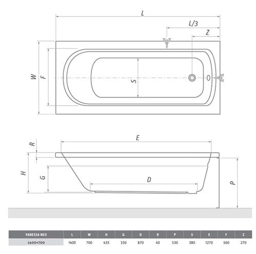 ROTH VANESSA NEO 140 čelný panel k vani 140x53 cm 9550001 Technický nákres
