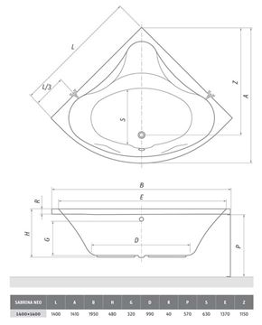 ROTH SABRINA NEO 140 čelný panel k vani 140x57 cm 9620001 Technický nákres
