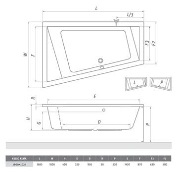 ROTH KUBIC ASYMMETRIC 160 čelný panel k vani 160x63x52 cm 9660001 Technický nákres