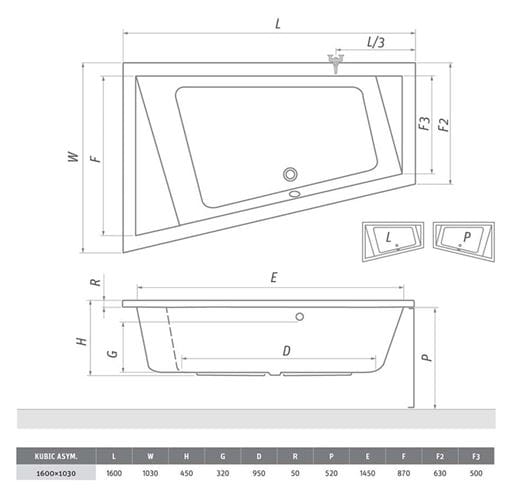 ROTH KUBIC ASYMMETRIC 160 čelný panel k vani 160x63x52 cm 9660001 Technický nákres