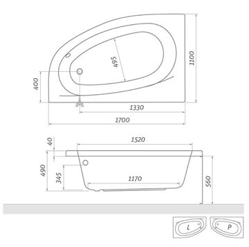 ROTH ISABELLA NEO 170 P čelný panel k vani 170x57 cm, pravý 9710001 Technický nákres