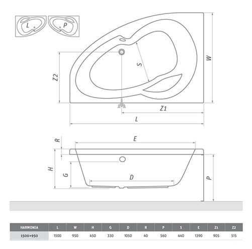 ROTH HARMONIA 150 čelný panel k vani 150x56 cm 9800001 Technický nákres