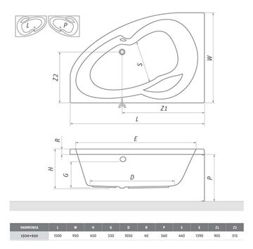 ROTH HARMONIA 150 čelný panel k vani 150x56 cm 9800001 Technický nákres