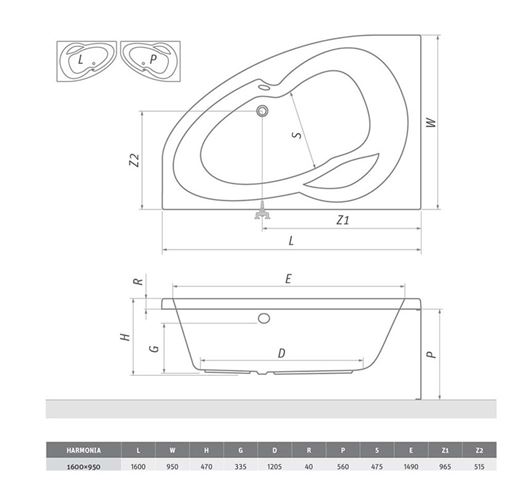 ROTH HARMONIA 160 čelný panel k vani 160x56 cm 9820001 Technický nákres