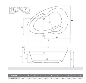 ROTH HARMONIA 160 čelný panel k vani 160x56 cm 9820001 Technický nákres