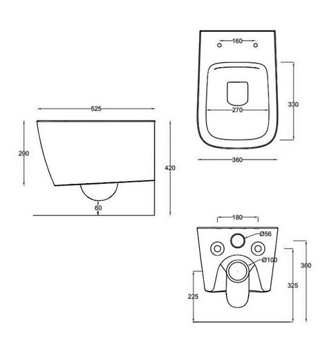 ARTCERAM A16 závesné WC, Rimless splachovanie, gravel  ASV003 60,00 Technický nákres