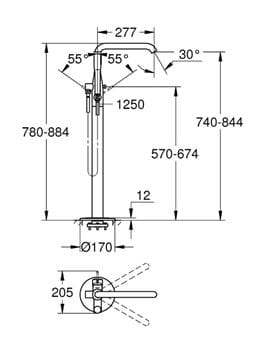 GROHE ESSENCE NEW vaňová batéria na podlahu, s prepínačom, so sprchovou súpravou, supersteel 23491DC1 Technický nákres
