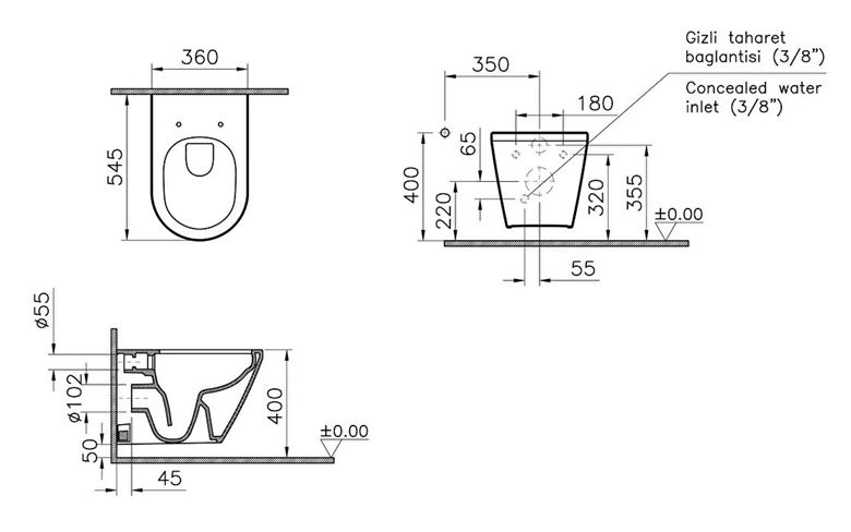 VITRA INTEGRA sprchovacie WC, Rim-Ex, VitrAhygiene 7041B003-7211 Technický nákres