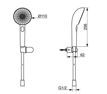 HANSA AURELIA sprchová súprava 3-dielna, ručná sprcha pr. 110 mm, 3 prúdy, hadica, držiak, chróm  47170120 Technický nákres