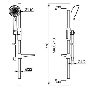HANSA AURELIA sprchová súprava 4-dielna, ručná sprcha pr. 110 mm, 3 prúdy, tyč, hadica, mydelnička, chróm  47160130 Technický nákres